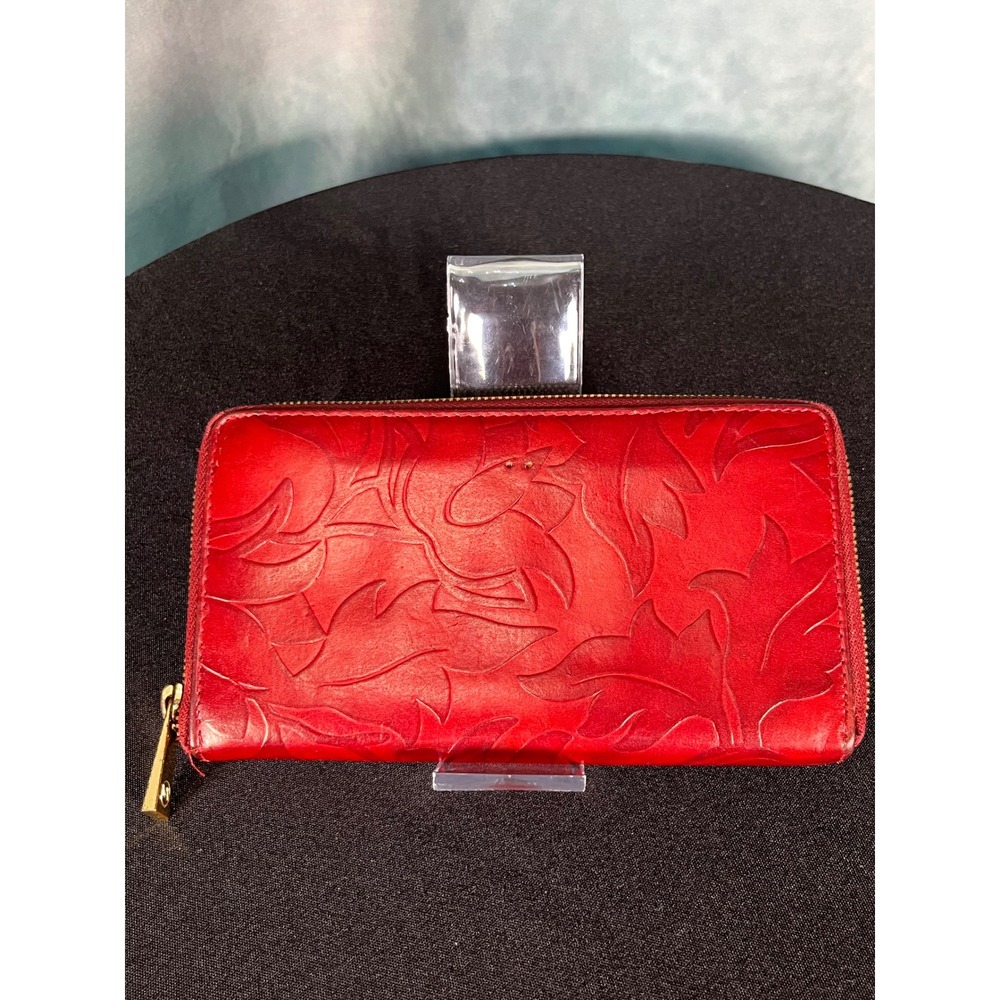 Valentina Red Embossed Leather Zip Around Continental Wallet Made in Italy